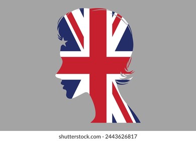 United Kingdom flag and British girl’s shape, British face, United Kingdom flag, Uk, British, silhouette vector
