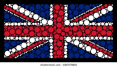 United Kingdom Flag collage constructed of filled circle icons on a dark background. Vector filled circle pictograms are combined into mosaic Great Britain flag pattern.