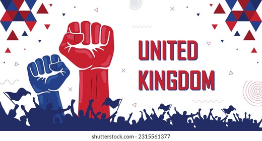 United Kingdom flag color combination patriot banner, raised fist, human hands, cheering people, victory celebration, geometric abstract background design, strike, parade, riot, protest or rally