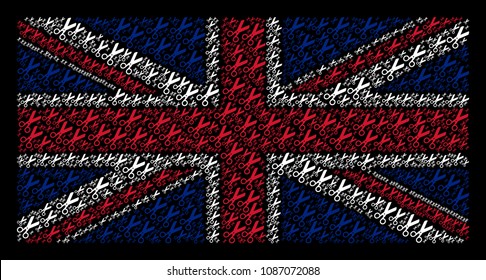 United Kingdom Flag composition composed of scissors elements on a dark background. Vector scissors design elements are formed into mosaic English flag collage.
