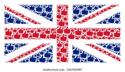 United Kingdom Flag composition designed of thumb up pictograms. Vector thumb up elements are organized into mosaic United Kingdom flag collage.