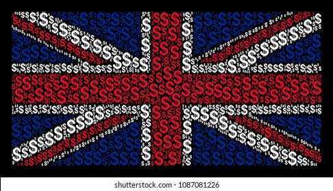 United Kingdom Flag concept designed of dollar icons on a dark background. Vector dollar items are united into mosaic United Kingdom flag illustration.