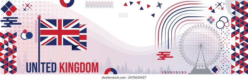 Großbritannien Flagge Design mit britischen Flaggenfarben Thema London Auge im Hintergrund. Großbritannien Geometrische abstrakte Retro moderne Blau Rot Weiß Design.UK Fahne Banner. Vektorillustration.