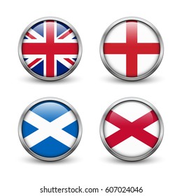 United Kingdom flag -England, Scotland, Ireland. Union Jack. Buttons with metal frame and shadow