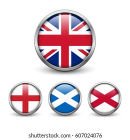 United Kingdom flag -England, Scotland, Ireland. Union Jack. Buttons with metal frame and shadow