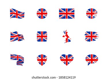 United Kingdom flag - flat collection. Flags of different shaped twelve flat icons. Vector illustration set