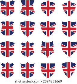 United Kingdom flag - flat collection Badges. Flags of different shaped sixteen flat icons. Vector illustration set. Editable.