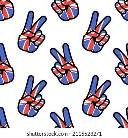 United Kingdom flag in the form of a peace sign. Seamless background. Gesture V victory sign, patriotic sign, icon for apps, websites, T-shirts, souvenirs, etc., isolated on white background