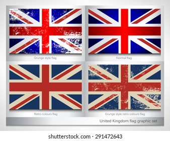 United Kingdom flag graphic set with a grunge effect texture and retro colours. Grunge effect can be cleaned easily.