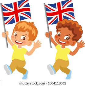 United Kingdom flag in hand. Children holding flag. National flag of United Kingdom vector