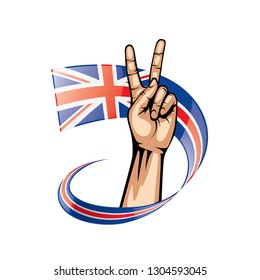 United Kingdom flag and hand on white background. Vector illustration