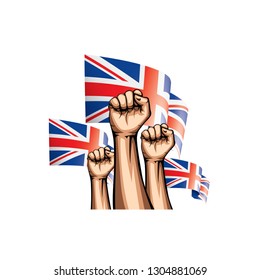 United Kingdom flag and hand on white background. Vector illustration