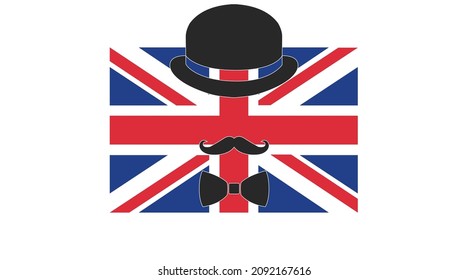 United Kingdom flag with Hat and Moustache. Vector isolated flat editable illustration