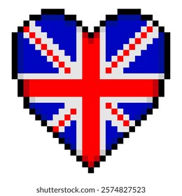 United Kingdom flag with heart shape in pixel art style