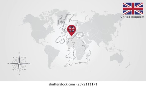 United Kingdom  flag icon design with map outline, Template with the national flag and map 