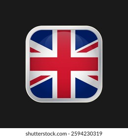 The United Kingdom flag icon isolated on black background. The national flag of the UK. Square silver vector icon with rounded corners