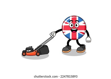 united kingdom flag illustration cartoon holding lawn mower , character design