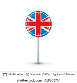 United Kingdom flag isolated on white. Country symbol as road sign. Vector pointer template easy to edit.