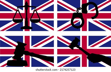 United Kingdom flag with justice vector silhouette, judge gavel hammer and scales of justice and handcuff silhouette on country flag, United Kingdom law concept, design asset, freedom idea