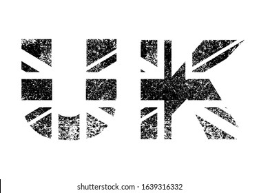 United Kingdom flag in letters, vintage British Union Jack, Great Britain grunge flag, UK text, black isolated on white background, vector illustration.