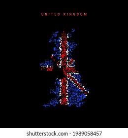 United Kingdom flag map, chaotic particles pattern in the colors of the British flag. Vector illustration isolated on black background.