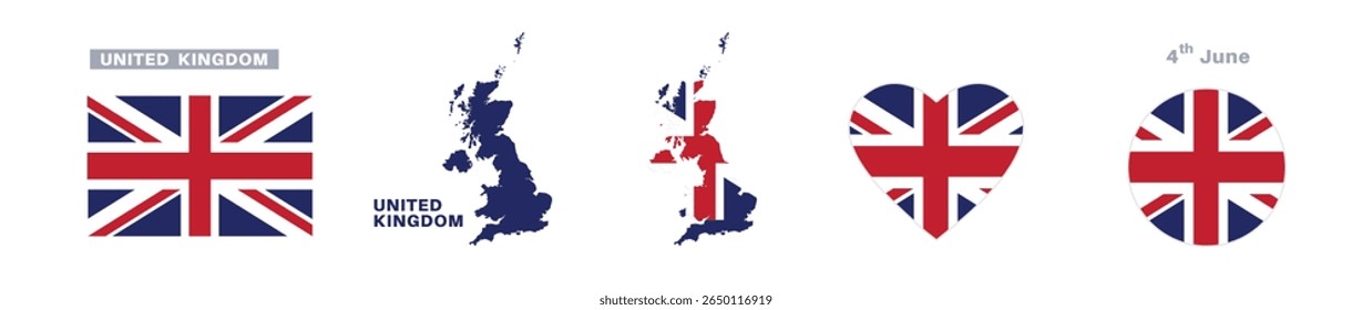 united kingdom flag and map set. united kingdom flag in official colors and proportions. independence day 4 june, map, circle and heart shaped united kingdom