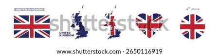 united kingdom flag and map set. united kingdom flag in official colors and proportions. independence day 4 june, map, circle and heart shaped united kingdom