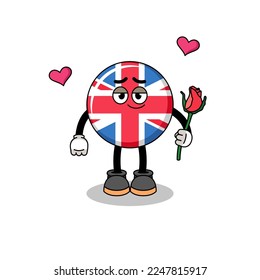 mascota de la bandera del reino unido enamorada, diseño de carácter