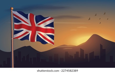 United Kingdom flag with mountains and morning sun in the background