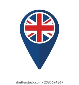 United Kingdom flag on blue pin map. Flag of UK on map pointer icon 