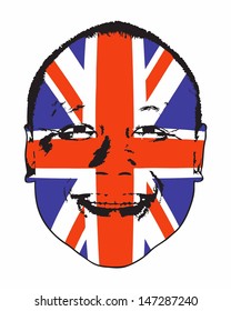 A United Kingdom flag on a face, isolated against white.