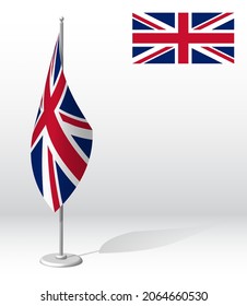 United Kingdom flag on flagpole for registration of solemn event, meeting foreign guests. National independence day of United Kingdom. Realistic 3D vector on white