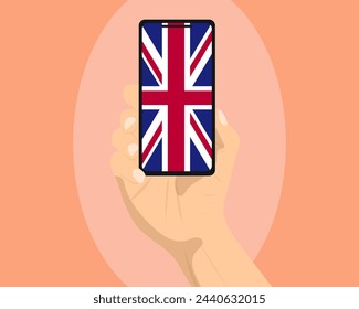United Kingdom flag on mobile phone screen, holding smartphone, advertising social media or banner concept, United Kingdom flag showing on phone screen, technology news idea