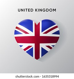 United Kingdom flag on a realistic heart shape, vector illustration on a white background