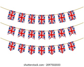 United Kingdom flag on the ropes on white background. Set of Patriotic bunting flags. Bunting decoration of United Kingdom flag
