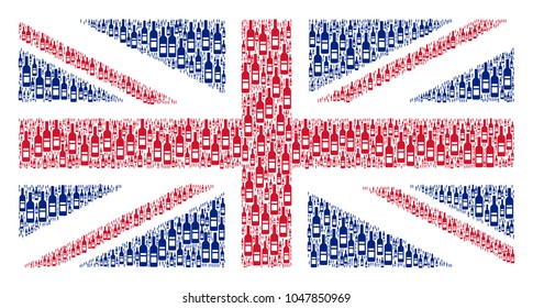 United Kingdom Flag pattern constructed of wine bottle design elements. Vector wine bottle icons are united into geometric English flag composition.