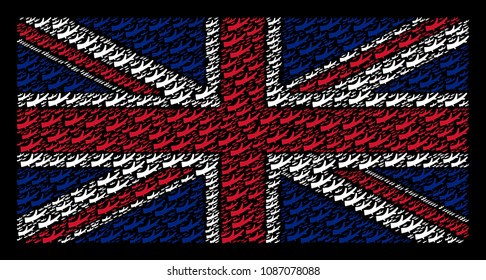United Kingdom Flag pattern constructed of firewood icons on a dark background. Vector firewood items are composed into conceptual United Kingdom flag collage.