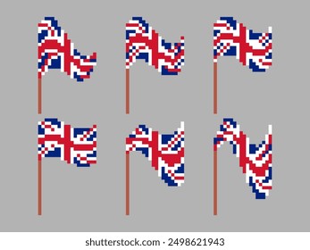 United Kingdom flag pixel icon set isolated on white background. Waving UK flag in 8-bit retro graphic style of the 80s. Pixel art style design for banners and posters. Vector illustration