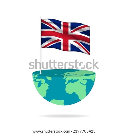 United Kingdom flag pole on globe. Flag waving around the world. Easy editing and vector in groups. National flag vector illustration on white background.