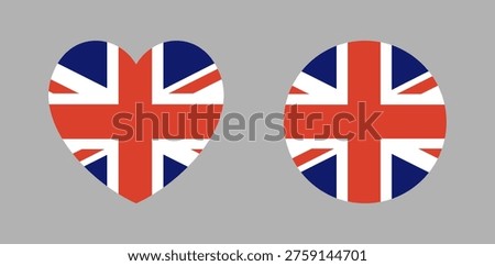 United Kingdom flag round, heart shaped icon, sticker. UK flag symbol. Set of British flag in circle, heart shapes badge, background. Official color scheme. Circular button, banner. National sign.