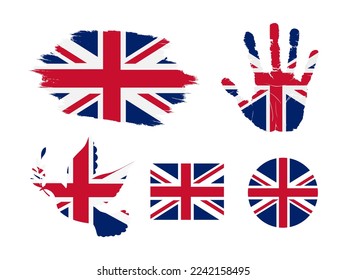 United Kingdom flag set, flag of United Kingdom collection. Flag in grunge, Dove, Handprint, square and round shape. vector illustration