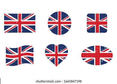 United Kingdom flag set  in grunge style, oval, circular and heart shape. vector icon Illustration