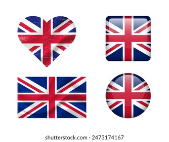 The United Kingdom flag set of icons. Vector flag of UK, symbol. Set of british flags button, waved, heart.