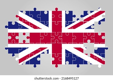 United Kingdom flag shape of jigsaw puzzle vector, puzzle map, United Kingdom flag for children and classroom, country logo asset, solve problem concept, flat design