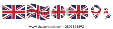 United Kingdom Flag Shapes Collection Vector Set – UK Union Jack Icons, Waving Flag, Map and Location Pin EPS