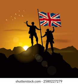 United Kingdom flag, silhouette of two climbers holding flags at sunset