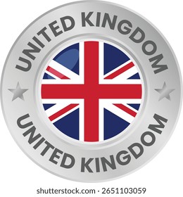 United Kingdom flag in silver colored medal. National flag in metal circle emblem.
