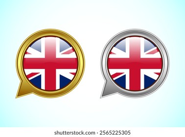 United Kingdom flag speech bubble. Speaking flag icon in gold and silver color