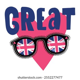 United Kingdom flag in sunglasses shape on big pink heart with text Great. Vector isolated flat editable illustration