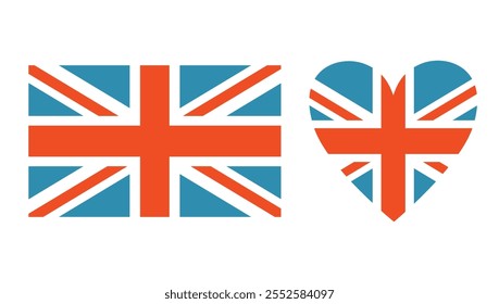 Bandera del Reino Unido, Union Jack en forma de corazón. Ilustración vectorial aislada en el fondo blanco, dibujado a mano, diseño plano